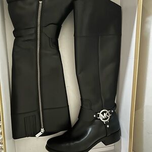Michael Kors Black Knee-High Boots with Silver Accents